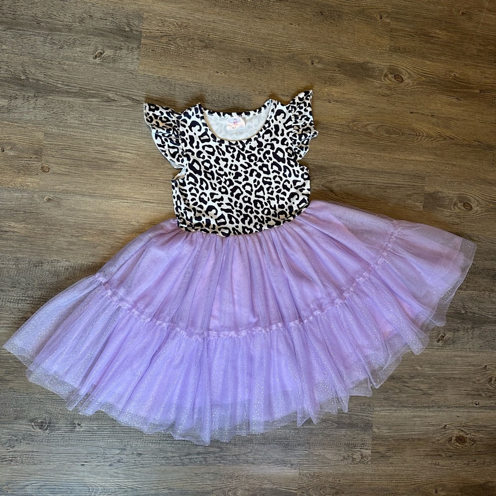Ruffle Girl. (4XL) Size 10. Adorable Leopard Print and Lavender Tutu Dress